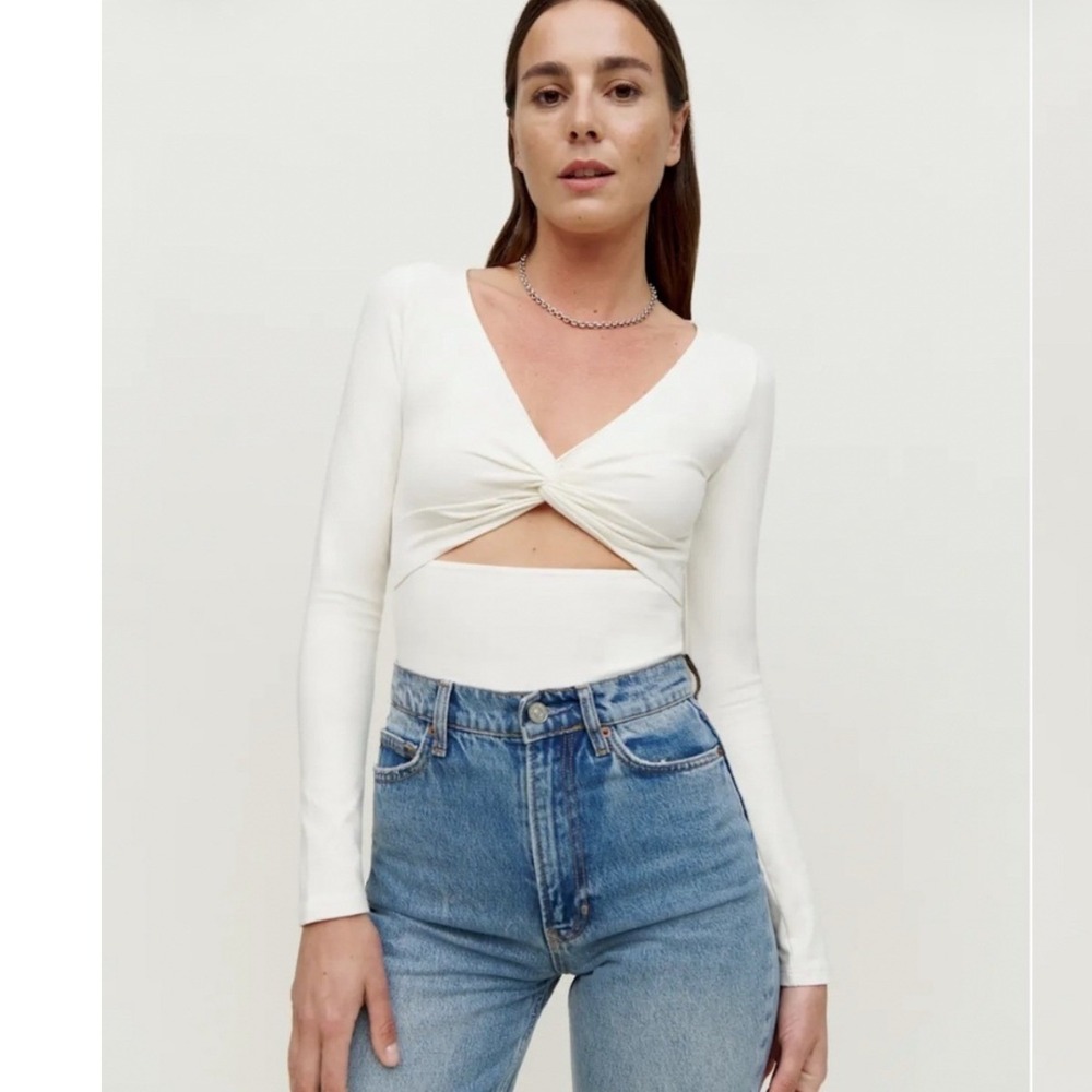 Reformation Kelia Twist Front Long Sleeve Top Cream Off White L
